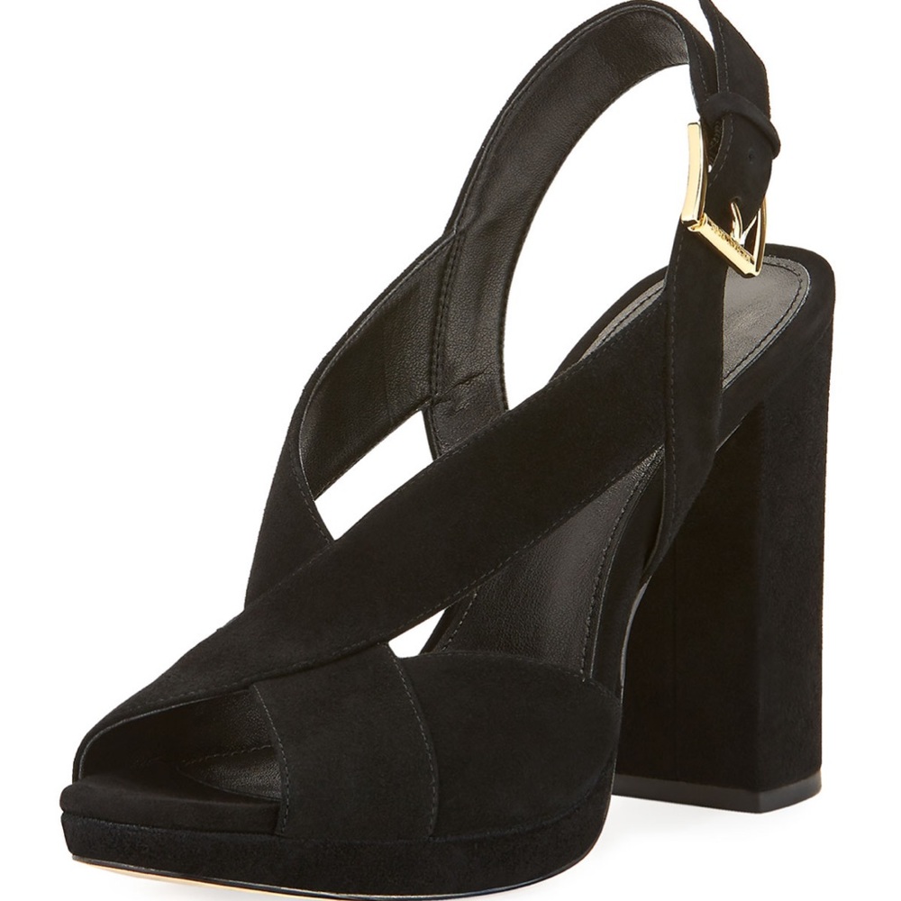 Michael Michael Kors black suede platform peep toe Becky block heel sandal EUC!!